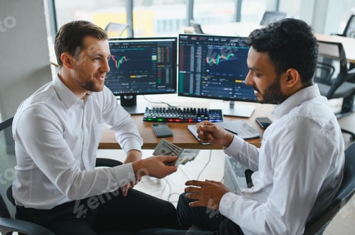 Preview: Two diverse crypto traders brokers stock exchange market investors discussing trading charts