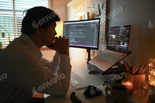 Preview: Side view of focused software developer programming on desktop computer