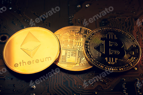 Vista previa: Monedas de oro con el símbolo de ethereum y bitcoin en una placa base.