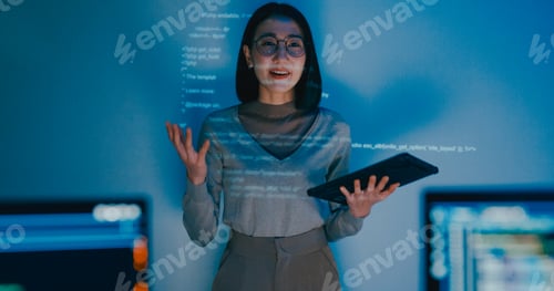 Preview: Asia female software developer mentor manager talk strategy plan to executive write prompt AI.