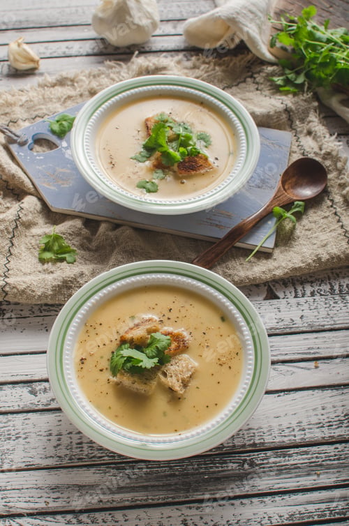 Preview: Creamy mushroom soup with fresh herbs garlic croutons