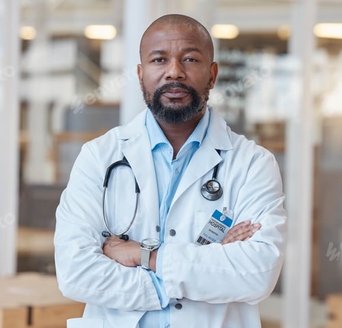 Preview: Portrait, black man and serious doctor with arms crossed in hospital for healthcare. African medica