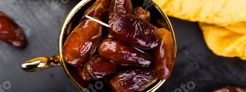 Preview: Banner of Dry fruit dates in golden cup near slate black heart. Copy space.