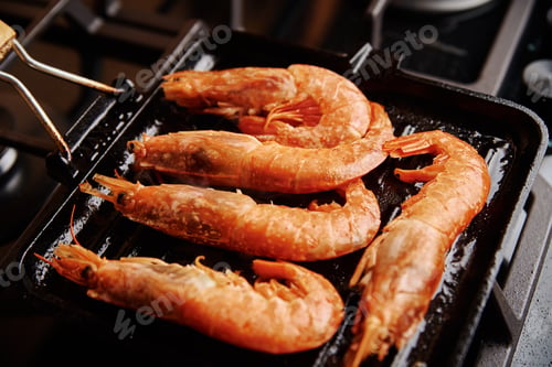 Preview: Grilled large shrimps with lemon and spices on the grill pan