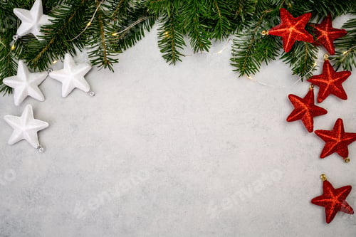 Preview: Christmas background with fir tree and red shiny stars.