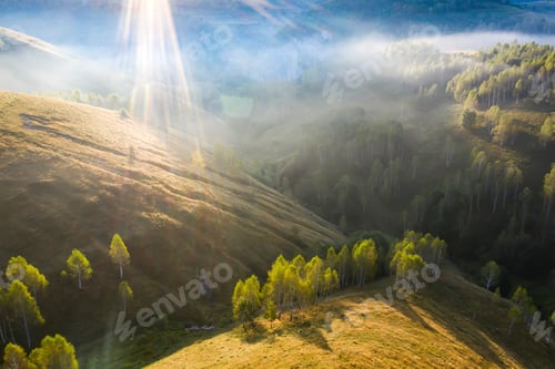 Preview: Drone view of beautiful summer sunrise over Transylvanian mountains.
