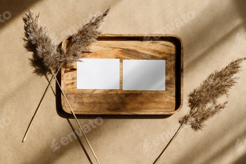 Preview: Top view of two blank paper sheet cards on a wooden tray with dry grass.
