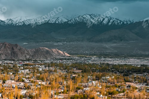 Preview: Panoramic view of Leh city in Ladakh, India, nestled in Himalayan mountains, dramatic brown ridges