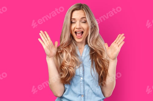 Preview: Emotional angry woman screaming on color isolated studio background