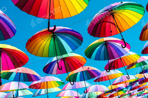 Preview: Rainbow umbrella above the street, LGBT symbols.