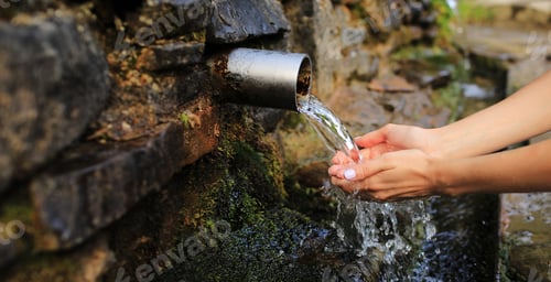 Preview: banner of Woman collect pure water in hand palm from the source in the wall, hold and drink it.
