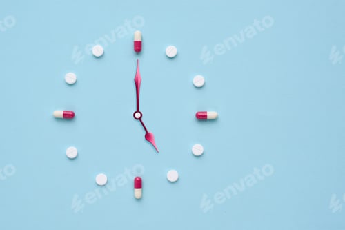 Preview: Clock created from pills and capsules on pastel blue background