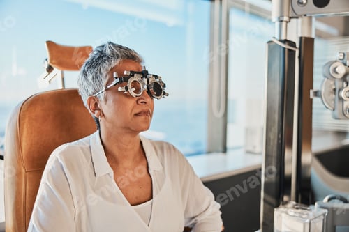 Preview: Eye exam, frame and senior woman at optometrist for vision test, trial eyeglasses and optical asses