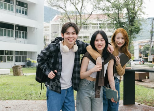 Preview: Three cheerful asian students standing together on a university campus, embracing friendship and aca