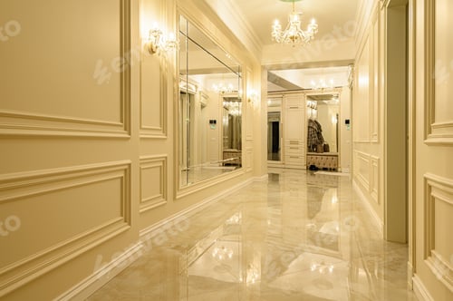 Preview: Modern luxury beige and golden corridor and entrance hall