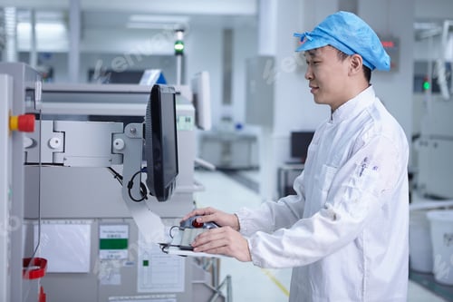 Preview: Worker using computer in factory that specialises in creating functional circuits on flexible