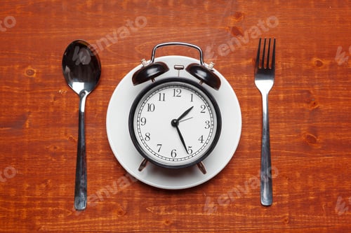 Preview: composition with alarm clock, plate and utensils