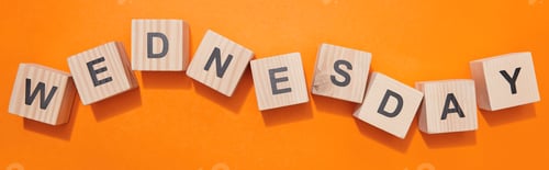 Preview: panoramic shot of wooden cubes with letters on orange surface