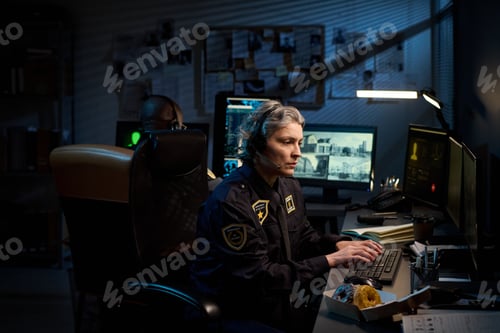 Preview: Middle Aged Caucasian Woman Police Officer Supervising Nighttime Security Operations