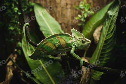 Preview: Green tropical chameleon on tree branch