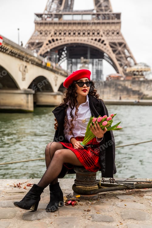 Preview: Vertical shot of a Hispanic girl wearing red tones holding tulips sitting by the Eiffel Tower