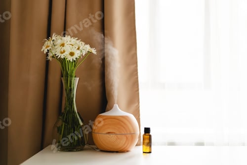 Preview: Aromatherapy concept. Aroma oil diffuser on the table against the window.