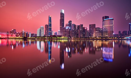 Preview: Stunning modern cityscape illuminated by lights and pink sunset reflecting on the lake