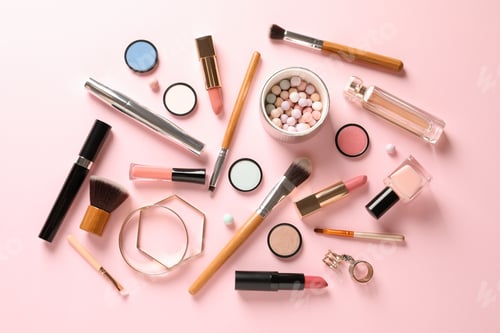 Preview: Flat lay composition with products for decorative makeup on pastel pink background