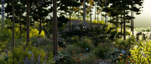 Aperçu: Beautiful green forest background with trees, wild plants and flowers. tropical nature landscape