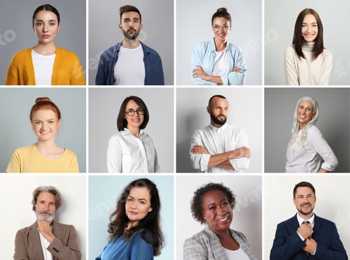 Preview: Collage with photos of attractive people on light grey background