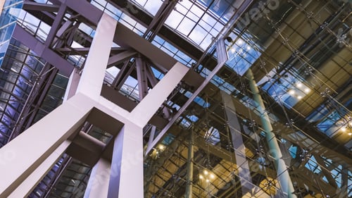 Preview: Bottom view of modern skywalk foundation with glass wall of Airport building in futuristic style