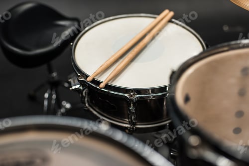 Preview: Close-up view of drums set for hard rock concert on stage