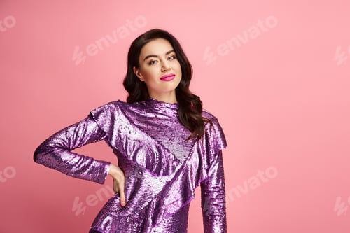 Preview: Elegance in Violet: Woman Posing on Vibrant Canvas