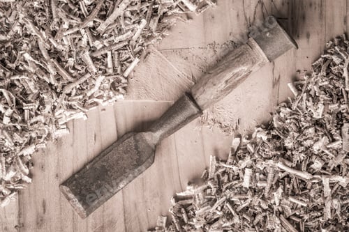 Preview: Desk of a carpenter tools. Studio shot on a wooden background.