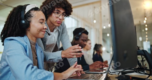 Preview: Business people, call center and training team on computer for help desk, support and customer serv