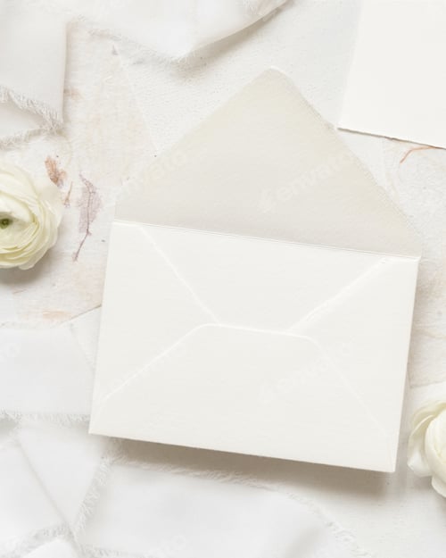 Preview: Blank envelope near cream roses and white silk ribbons top view, wedding mockup