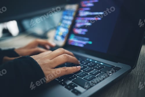 Preview: Hands, coding and laptop typing with cybersecurity, hacker and software data analysis. Person, web