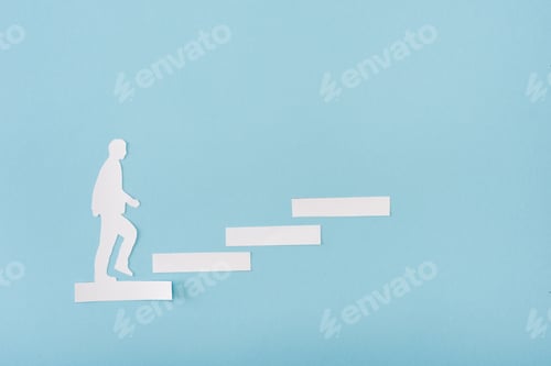 Preview: Top view of paper man on career ladder on blue