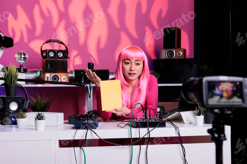 Preview: Vlogger with pink hair holding notebook advertising school supplies in front of camera while filming
