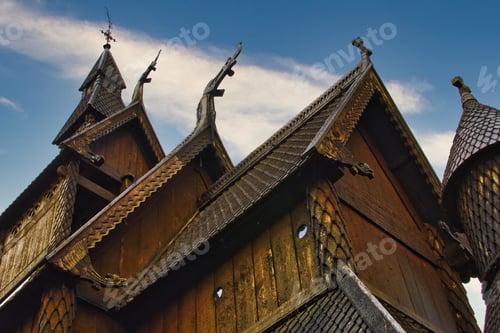 Preview: close-up and detail of Norwegian stave church roof and ornate