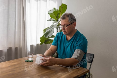 Preview: Seniory man checks blood pressure with monitor on upper arm in room