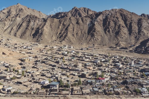 Preview: Landscape and building in Leh Ladakh city with mountains and blue sky background