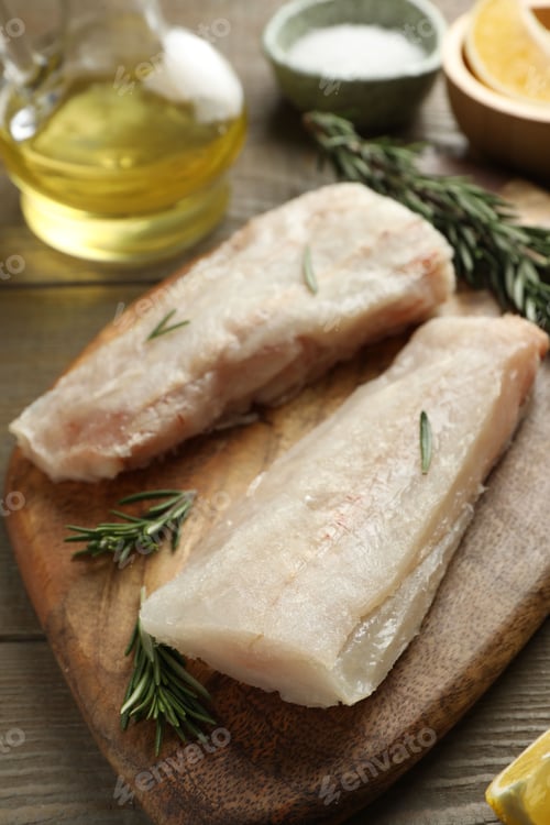 Preview: Fresh raw cod fillets and spices on wooden table, closeup