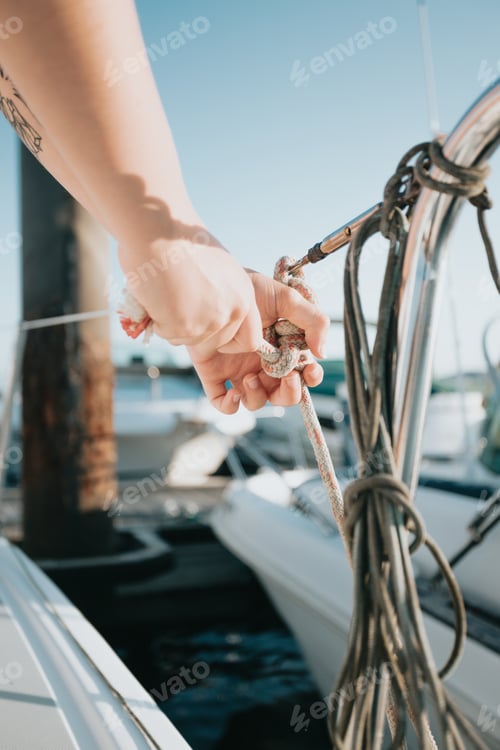 Preview: Close up woman preparing with her hands a knot and bow of the boat. Making of nautical knot
