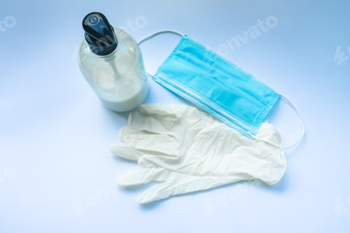 Preview: Face mask, liquid hand soap and latex gloves. Coronavirus prevention.white background