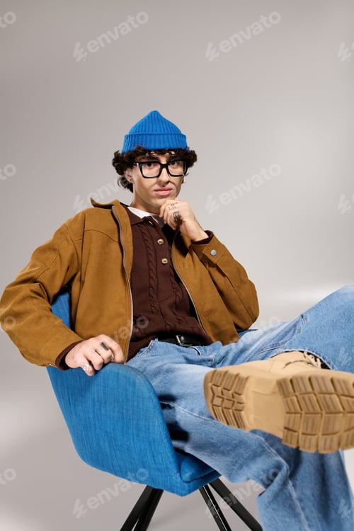 Preview: Stylish young man showcases fashion confidence in a modern setting
