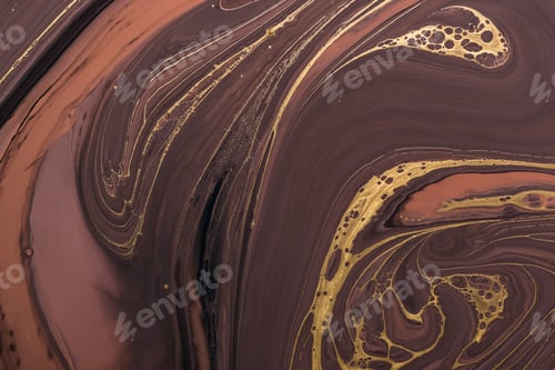Preview: Fluid Art. Abstract Golden curl and lines on brown waves. Marbling background or texture