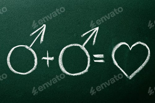 Preview: Homosexual copule in love symbols on green blackboard