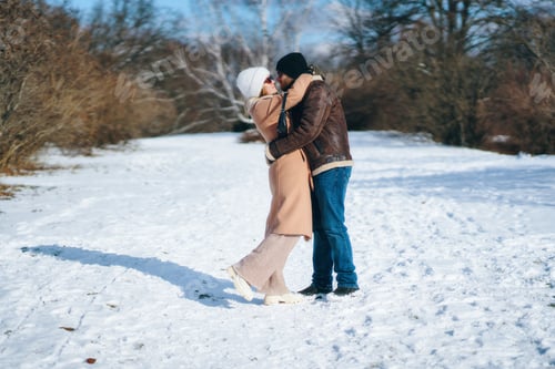 Preview: Couple embracing in winter wonderland snow-covered park