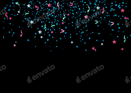 Preview: Falling colorful confetti isolated on black background. Shiny particles. Party